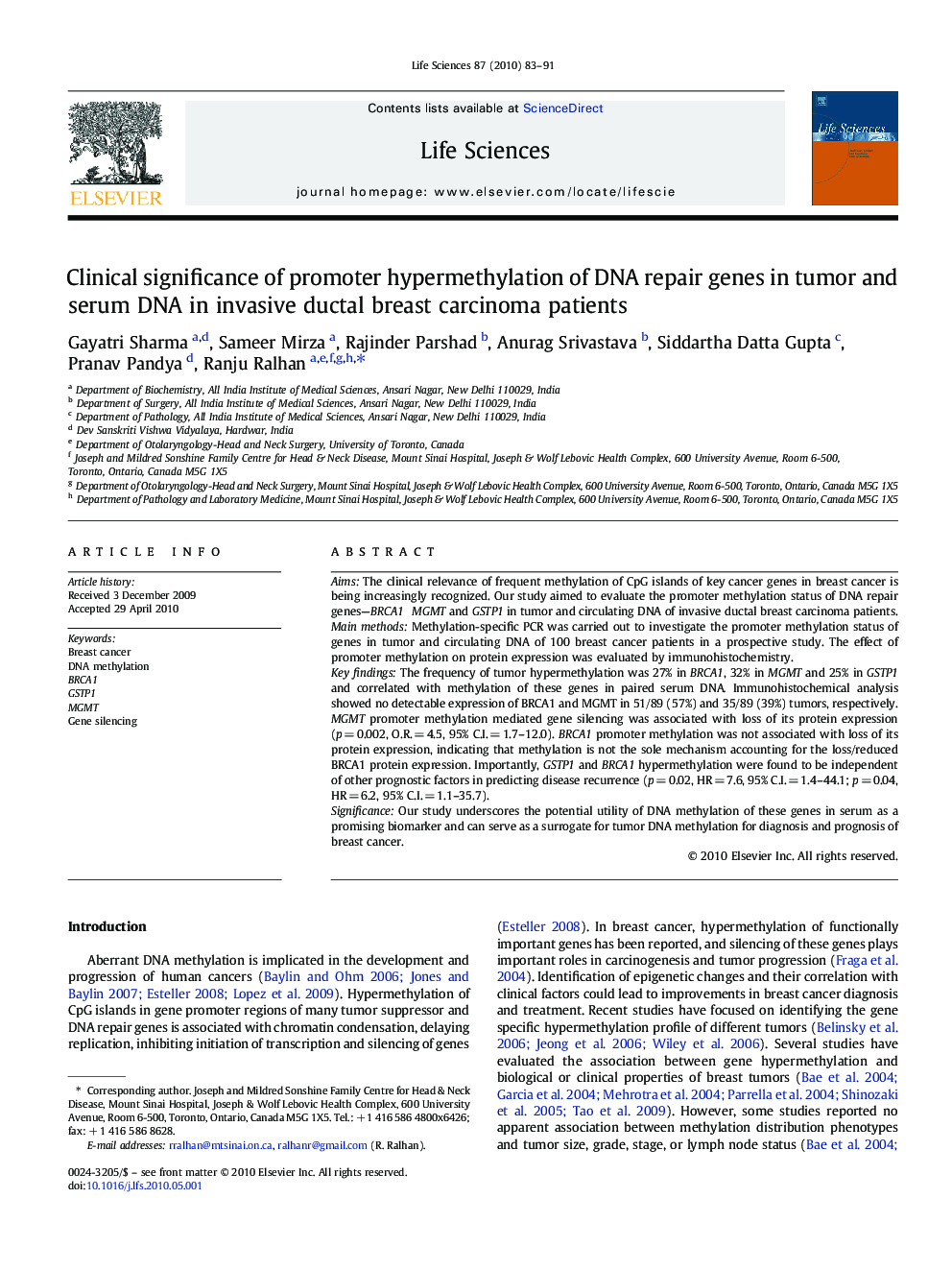 Clinical significance of promoter hypermethylation of DNA repair genes in tumor and serum DNA in invasive ductal breast carcinoma patients