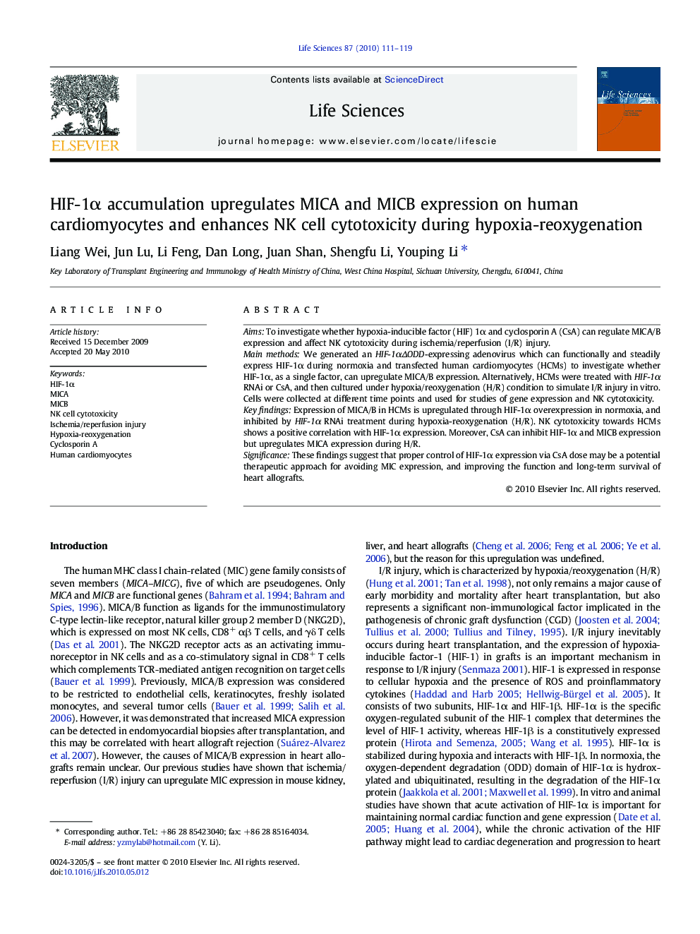 HIF-1α accumulation upregulates MICA and MICB expression on human cardiomyocytes and enhances NK cell cytotoxicity during hypoxia-reoxygenation