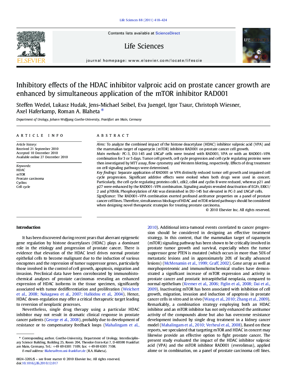 Inhibitory effects of the HDAC inhibitor valproic acid on prostate cancer growth are enhanced by simultaneous application of the mTOR inhibitor RAD001