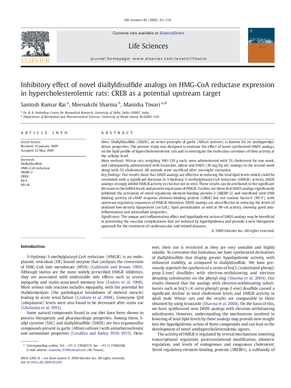 Inhibitory effect of novel diallyldisulfide analogs on HMG-CoA reductase expression in hypercholesterolemic rats: CREB as a potential upstream target