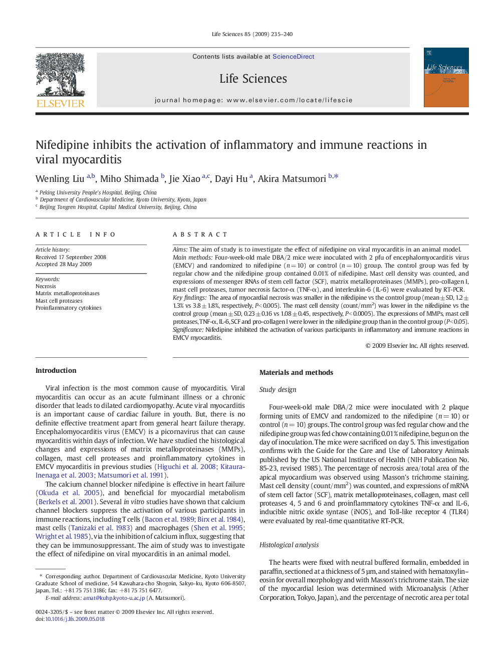 Nifedipine inhibits the activation of inflammatory and immune reactions in viral myocarditis