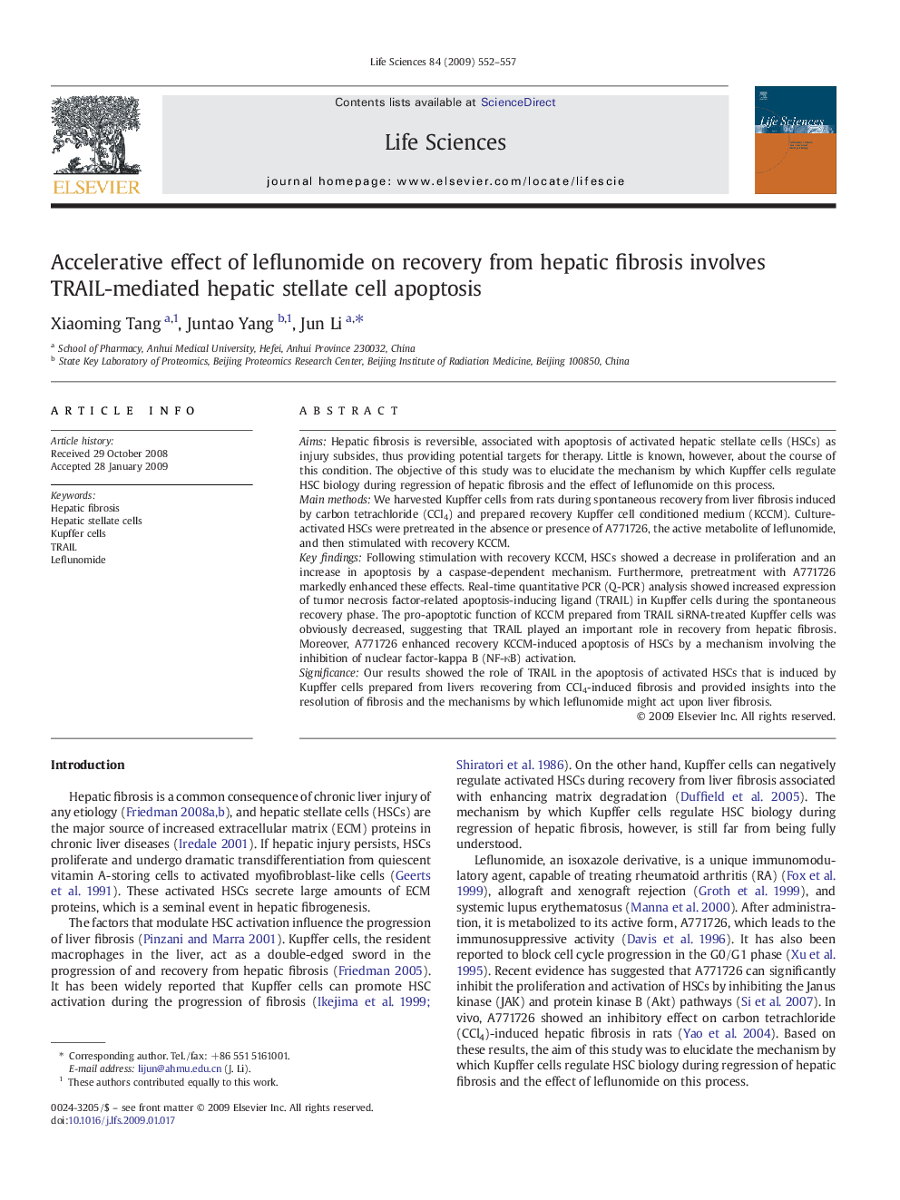 Accelerative effect of leflunomide on recovery from hepatic fibrosis involves TRAIL-mediated hepatic stellate cell apoptosis