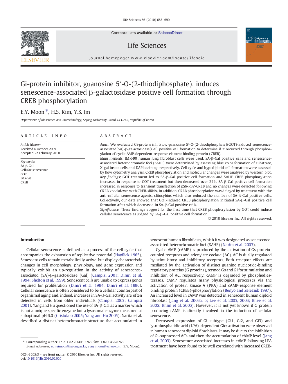 Gi-protein inhibitor, guanosine 5′-O-(2-thiodiphosphate), induces senescence-associated β-galactosidase positive cell formation through CREB phosphorylation