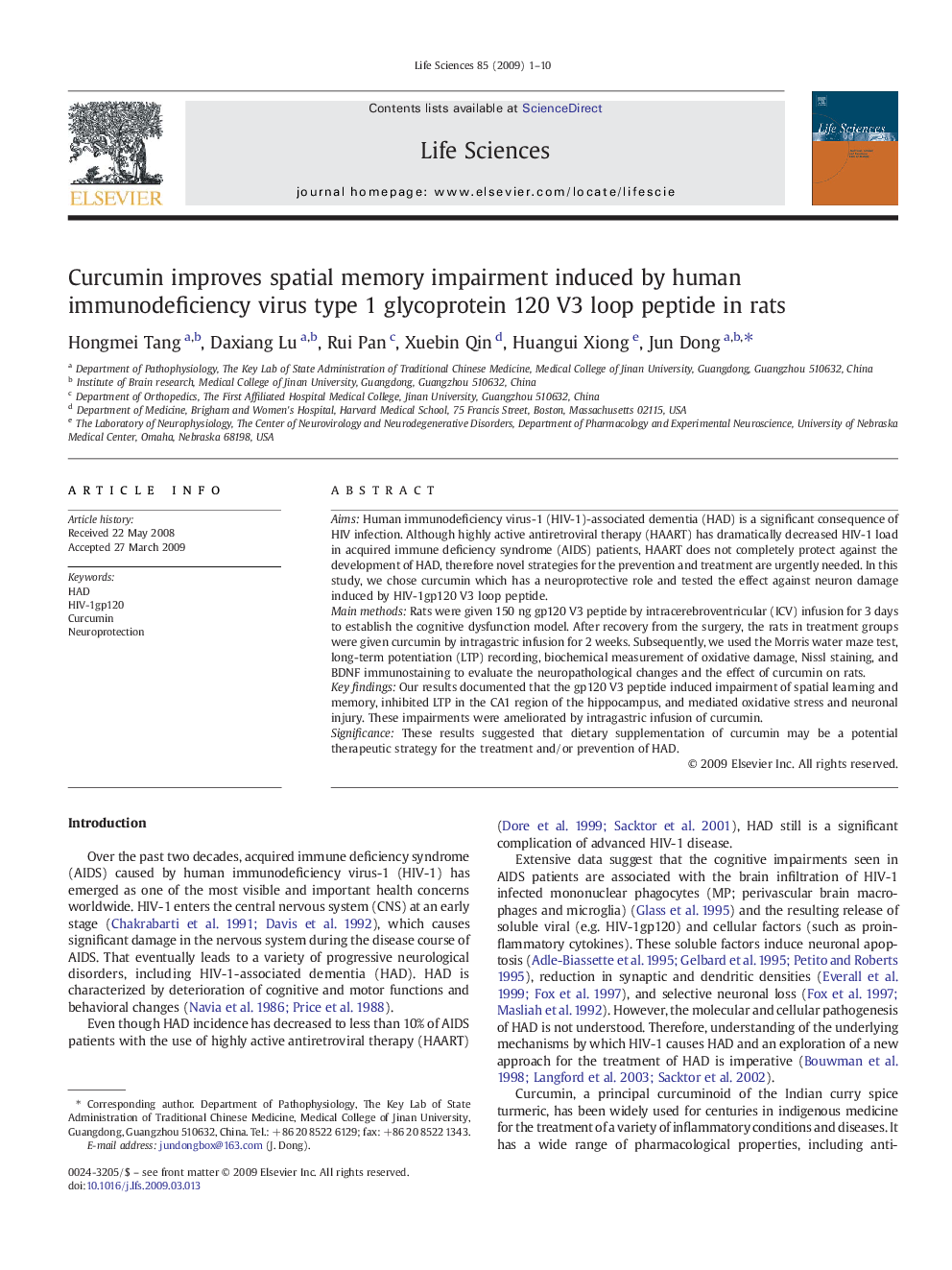 Curcumin improves spatial memory impairment induced by human immunodeficiency virus type 1 glycoprotein 120 V3 loop peptide in rats