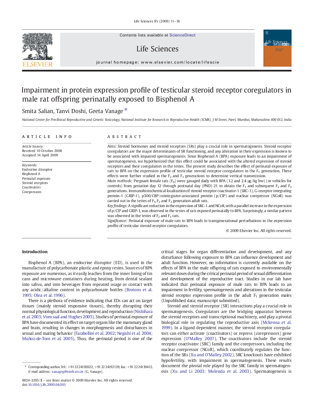 Impairment in protein expression profile of testicular steroid receptor coregulators in male rat offspring perinatally exposed to Bisphenol A