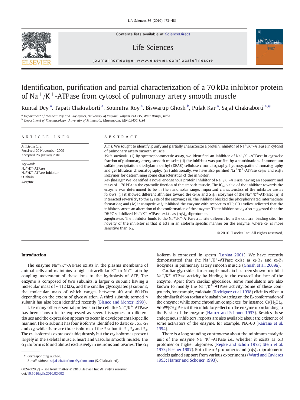 Identification, purification and partial characterization of a 70 kDa inhibitor protein of Na+/K+-ATPase from cytosol of pulmonary artery smooth muscle