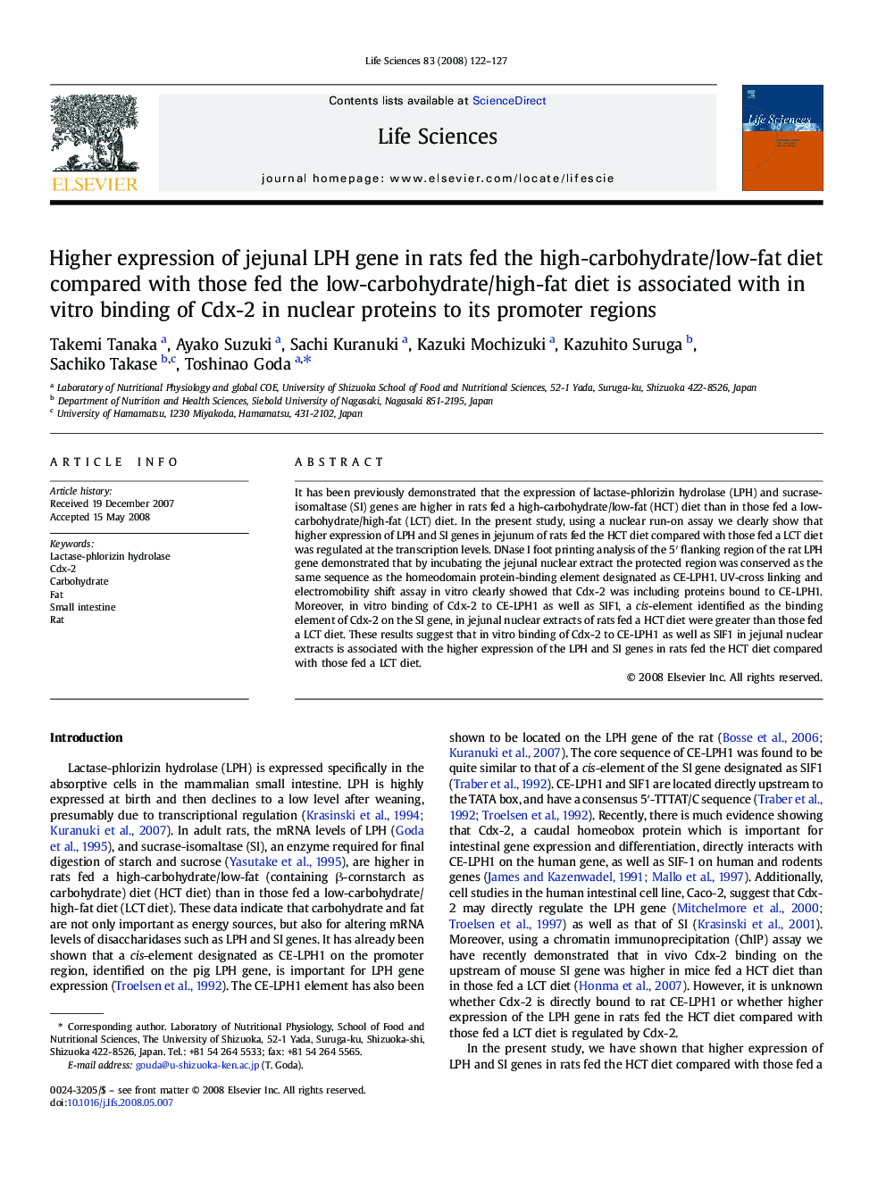 Higher expression of jejunal LPH gene in rats fed the high-carbohydrate/low-fat diet compared with those fed the low-carbohydrate/high-fat diet is associated with in vitro binding of Cdx-2 in nuclear proteins to its promoter regions