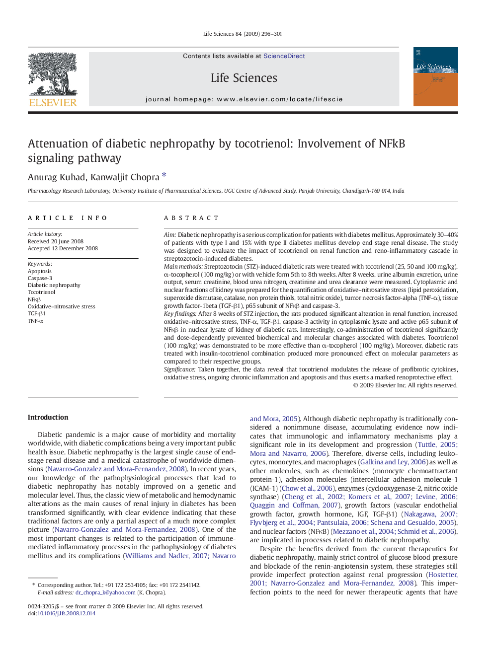 Attenuation of diabetic nephropathy by tocotrienol: Involvement of NFkB signaling pathway