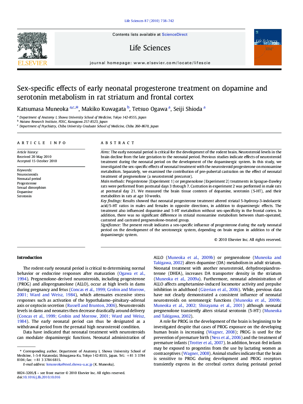 Sex-specific effects of early neonatal progesterone treatment on dopamine and serotonin metabolism in rat striatum and frontal cortex