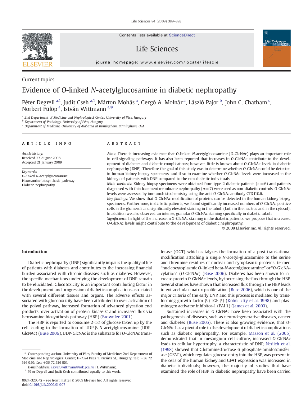 Evidence of O-linked N-acetylglucosamine in diabetic nephropathy