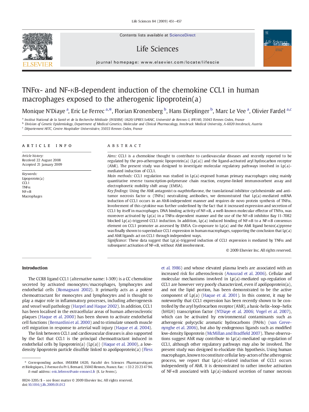 TNFÎ±- and NF-ÎºB-dependent induction of the chemokine CCL1 in human macrophages exposed to the atherogenic lipoprotein(a)