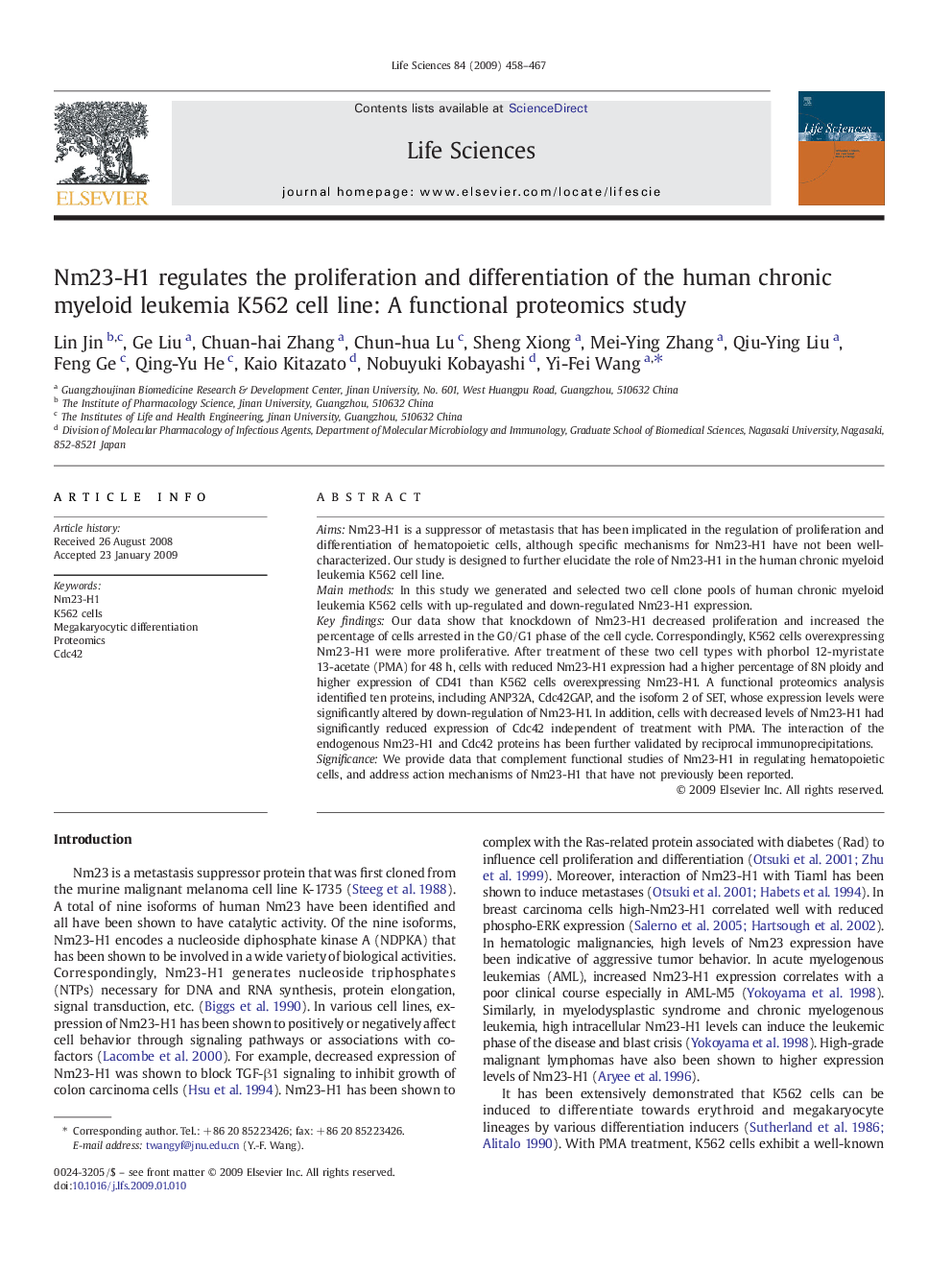 Nm23-H1 regulates the proliferation and differentiation of the human chronic myeloid leukemia K562 cell line: A functional proteomics study