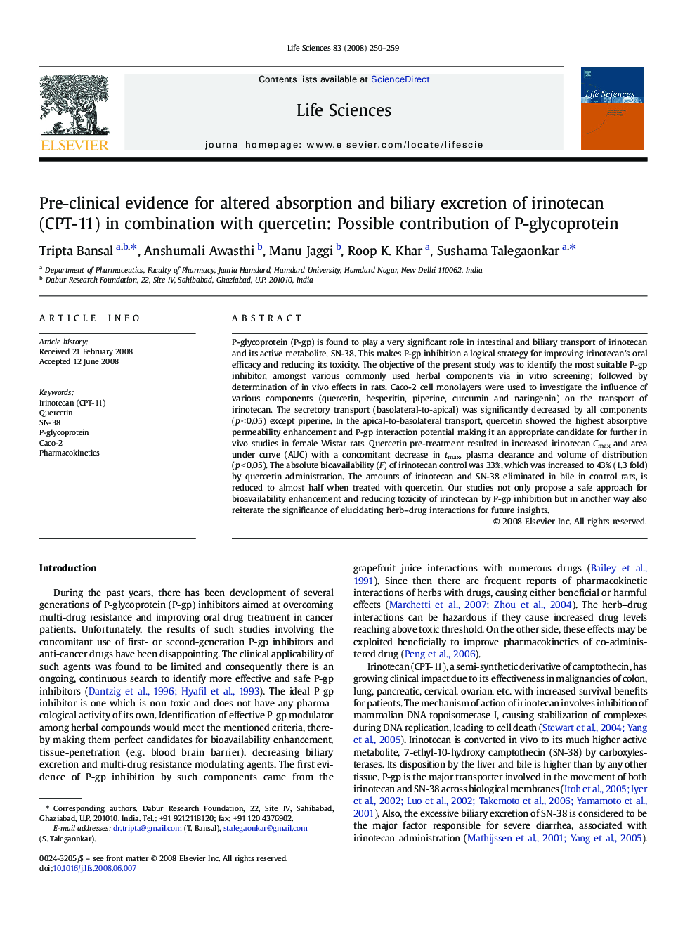 Pre-clinical evidence for altered absorption and biliary excretion of irinotecan (CPT-11) in combination with quercetin: Possible contribution of P-glycoprotein