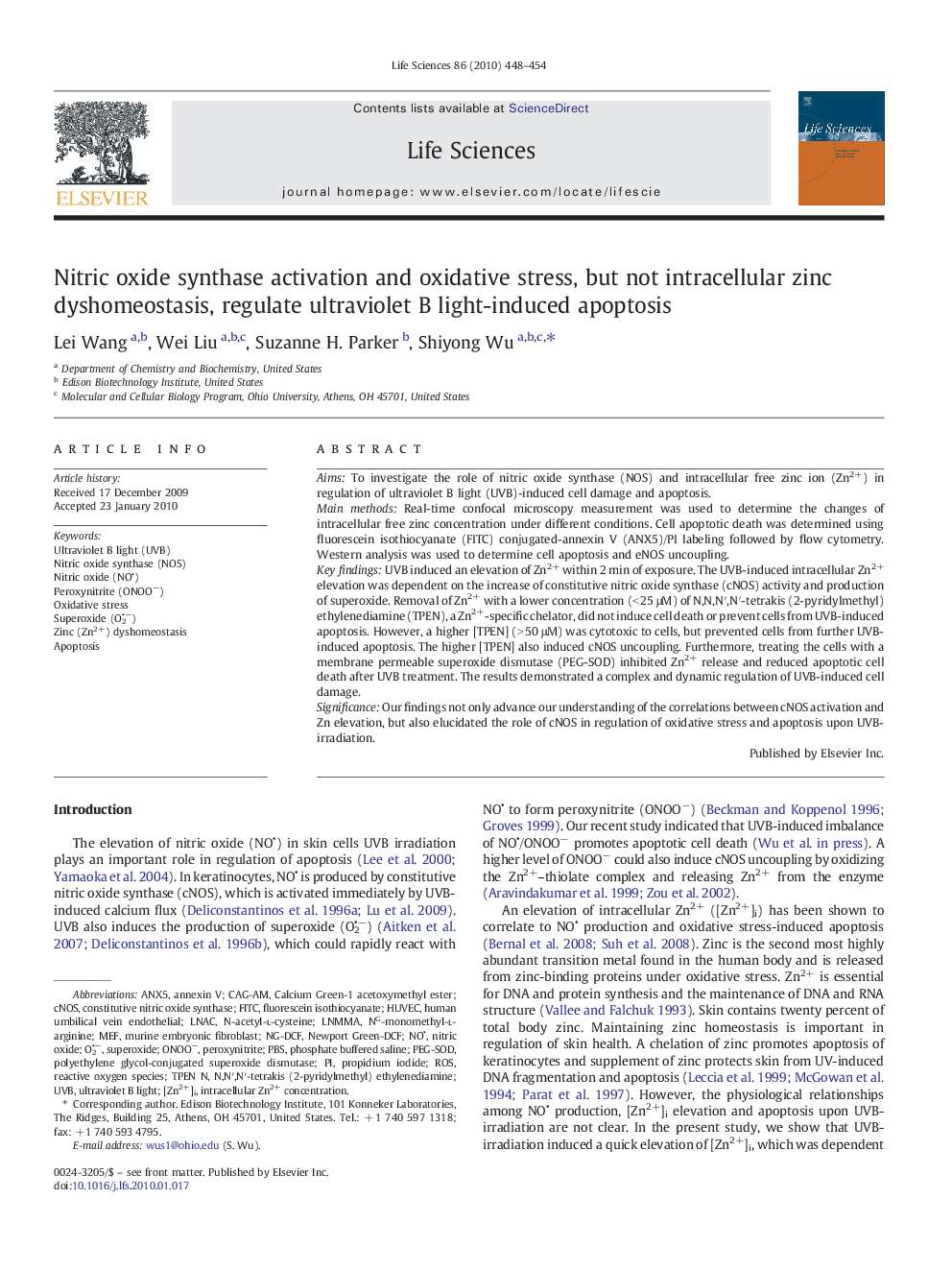 Nitric oxide synthase activation and oxidative stress, but not intracellular zinc dyshomeostasis, regulate ultraviolet B light-induced apoptosis