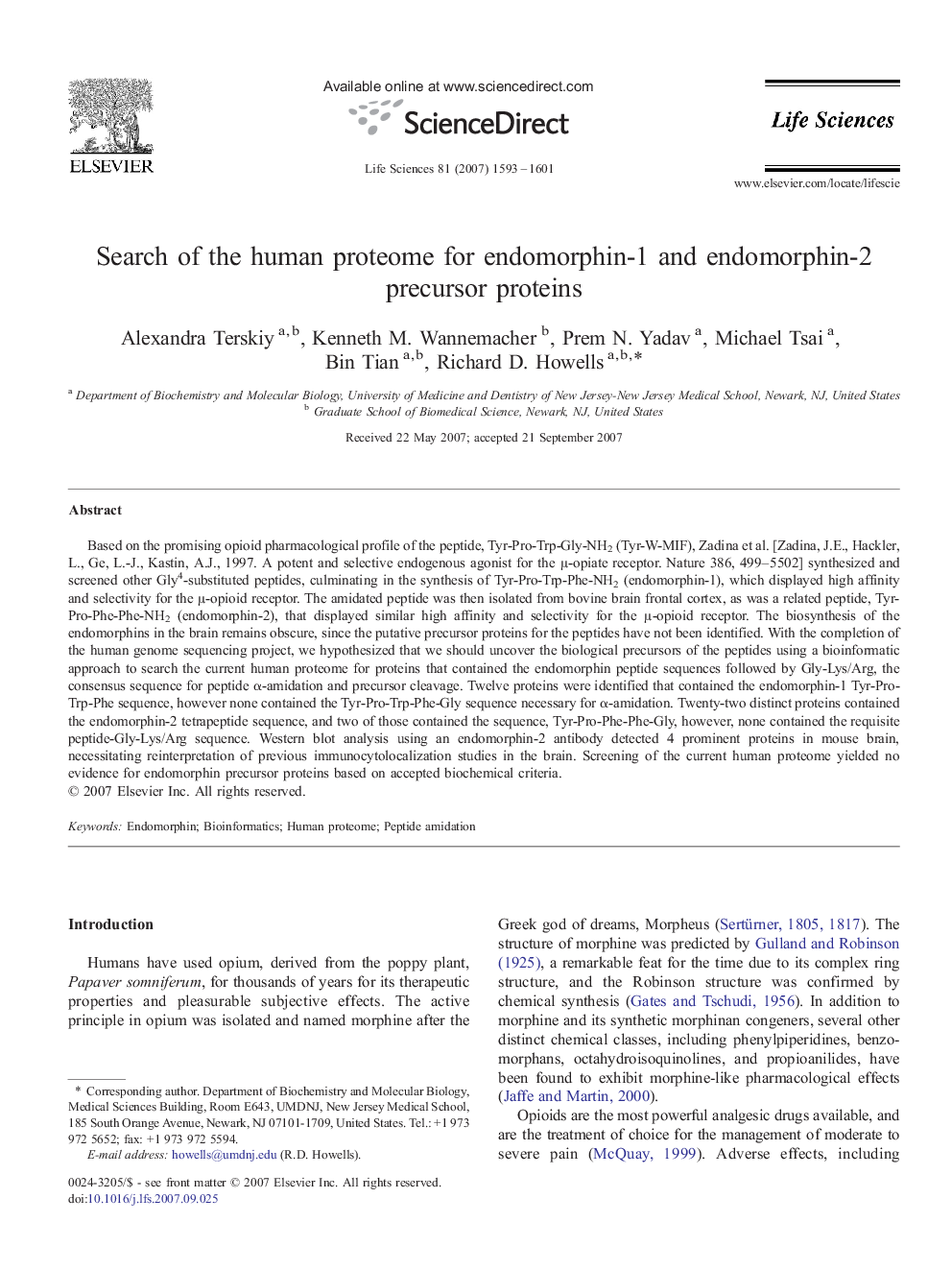 Search of the human proteome for endomorphin-1 and endomorphin-2 precursor proteins