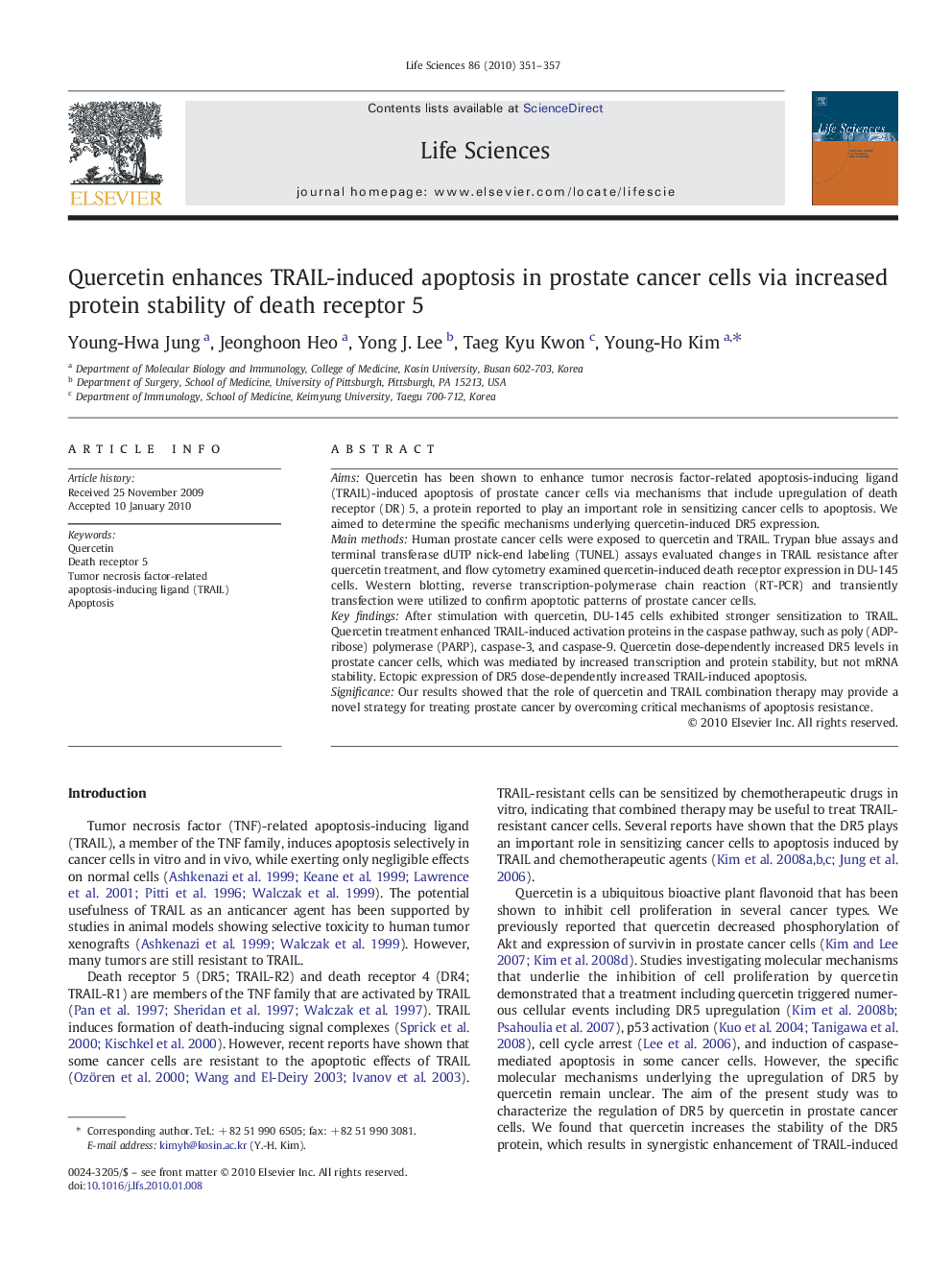 Quercetin enhances TRAIL-induced apoptosis in prostate cancer cells via increased protein stability of death receptor 5