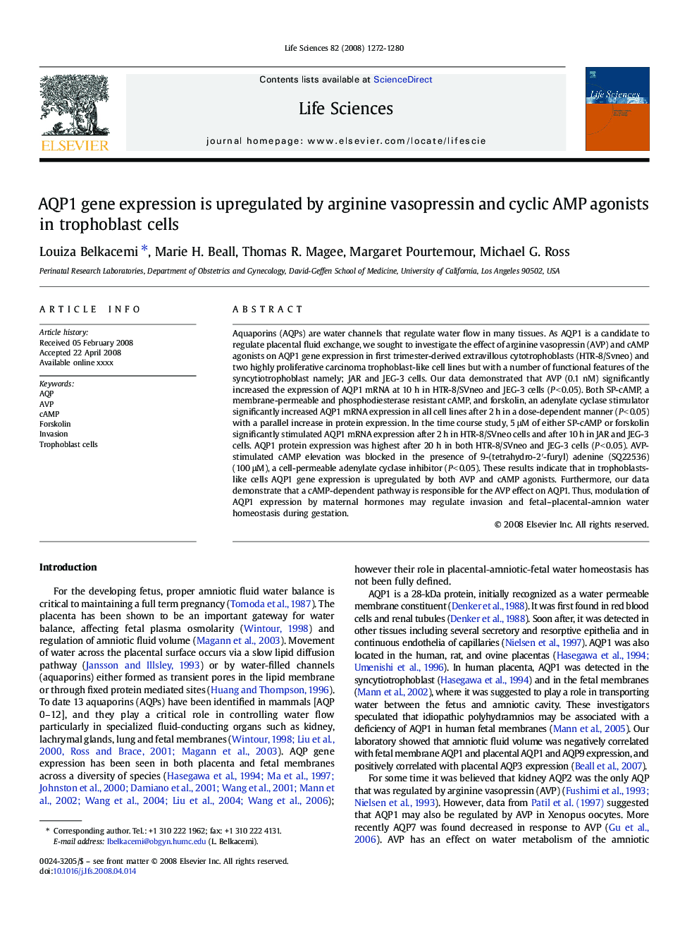 AQP1 gene expression is upregulated by arginine vasopressin and cyclic AMP agonists in trophoblast cells