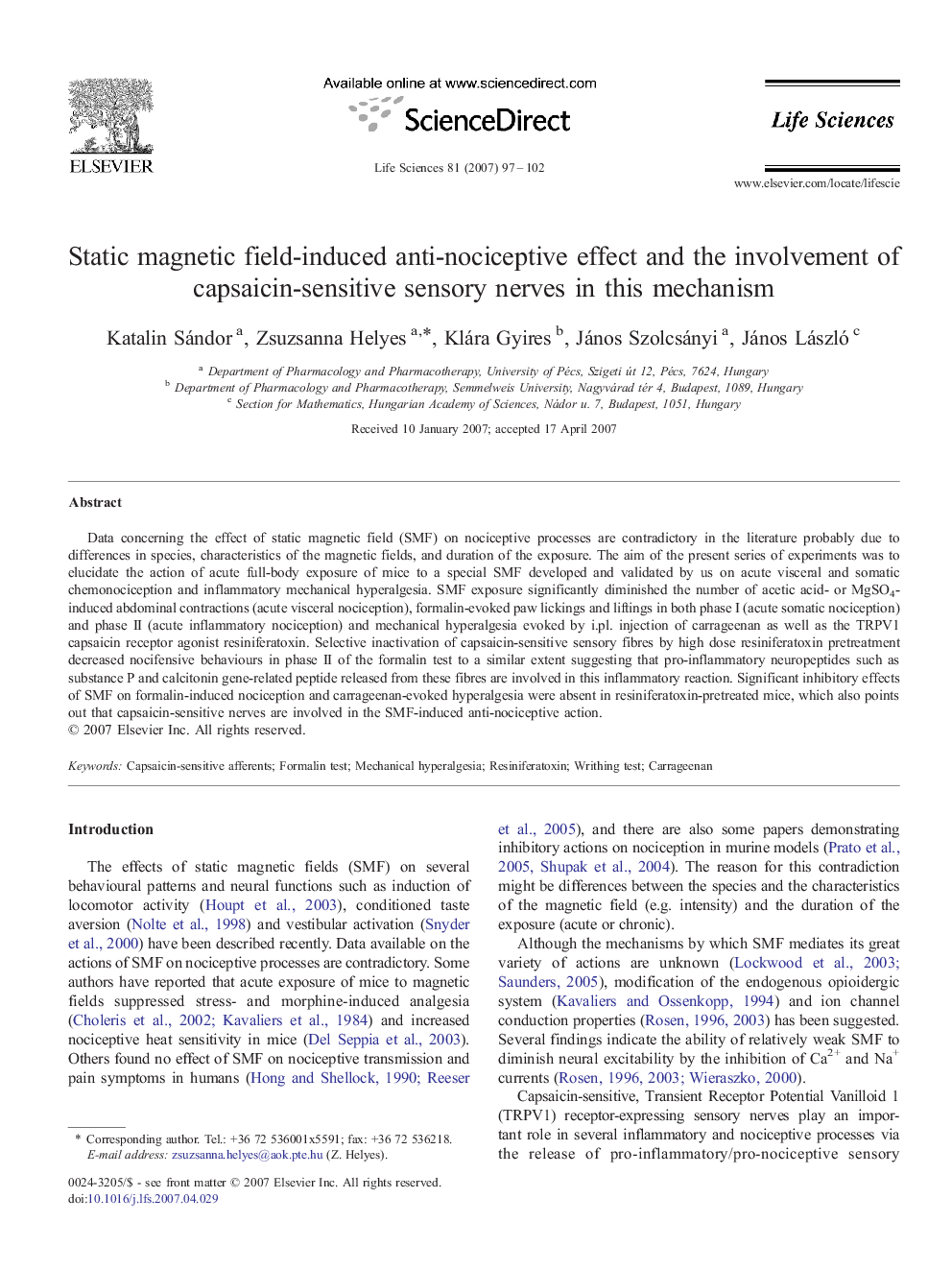 Static magnetic field-induced anti-nociceptive effect and the involvement of capsaicin-sensitive sensory nerves in this mechanism