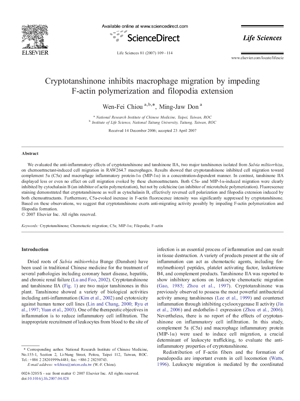 Cryptotanshinone inhibits macrophage migration by impeding F-actin polymerization and filopodia extension