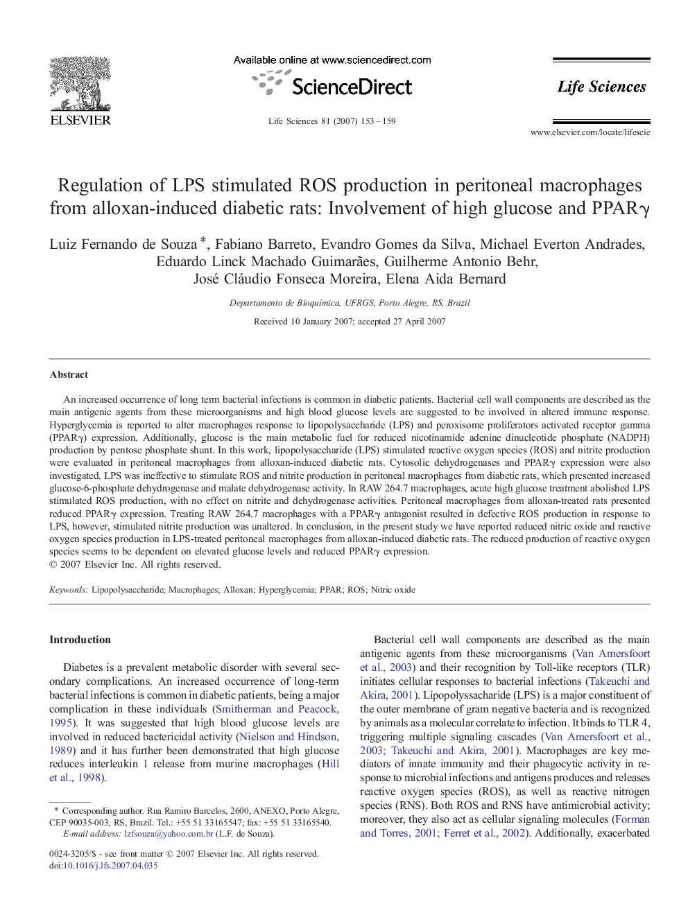 Regulation of LPS stimulated ROS production in peritoneal macrophages from alloxan-induced diabetic rats: Involvement of high glucose and PPARγ