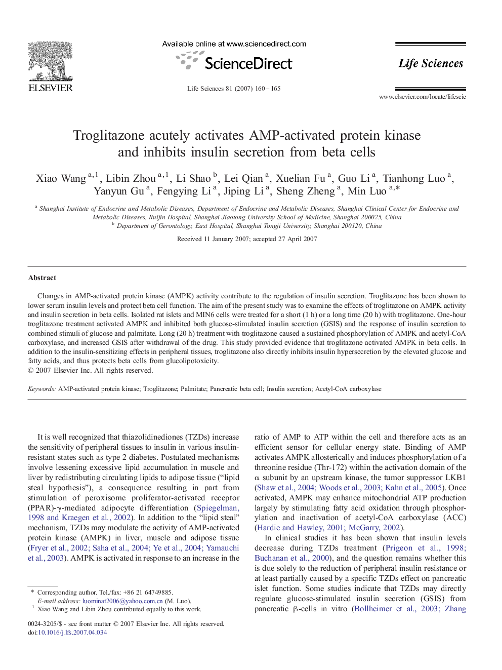 Troglitazone acutely activates AMP-activated protein kinase and inhibits insulin secretion from beta cells