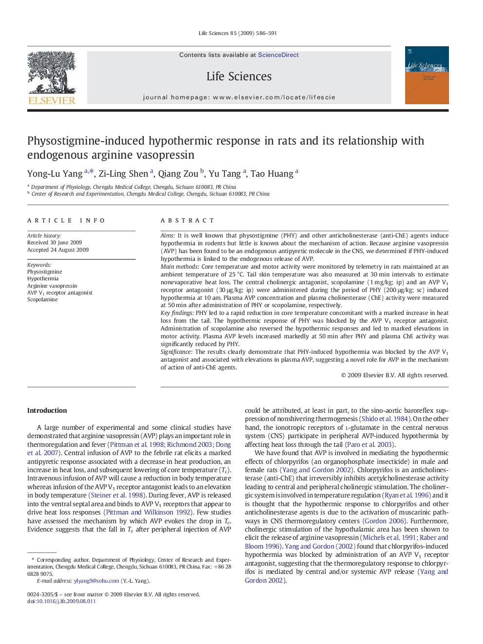 Physostigmine-induced hypothermic response in rats and its relationship with endogenous arginine vasopressin