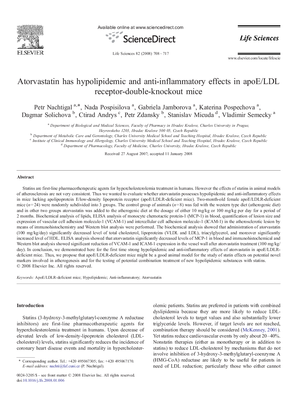 Atorvastatin has hypolipidemic and anti-inflammatory effects in apoE/LDL receptor-double-knockout mice