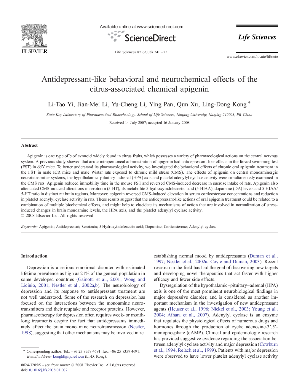 Antidepressant-like behavioral and neurochemical effects of the citrus-associated chemical apigenin