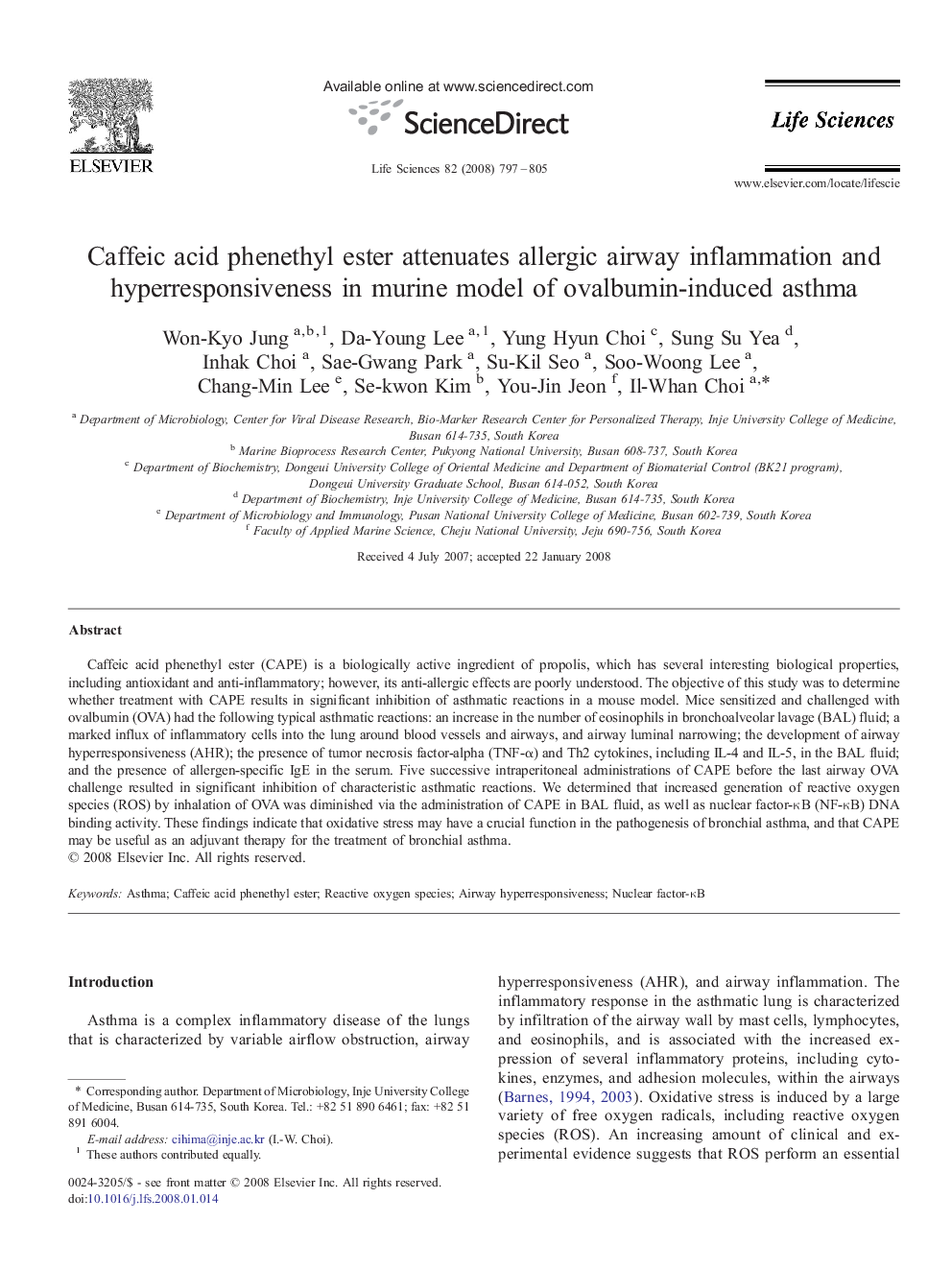 Caffeic acid phenethyl ester attenuates allergic airway inflammation and hyperresponsiveness in murine model of ovalbumin-induced asthma