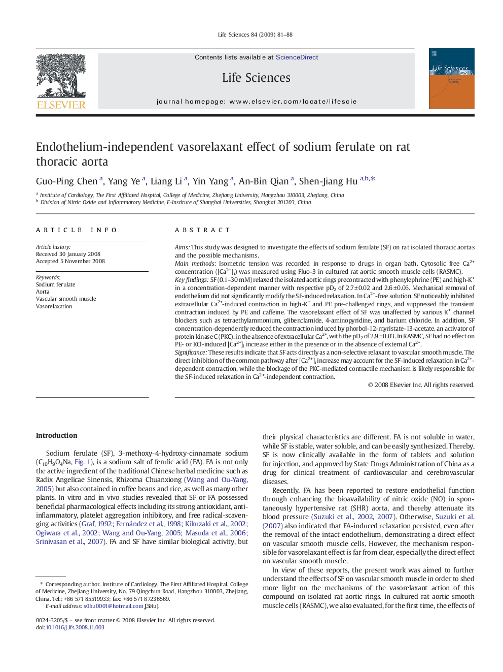 Endothelium-independent vasorelaxant effect of sodium ferulate on rat thoracic aorta