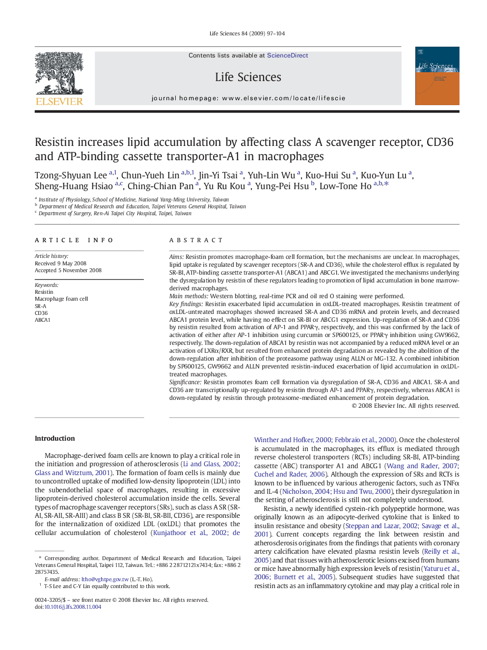 Resistin increases lipid accumulation by affecting class A scavenger receptor, CD36 and ATP-binding cassette transporter-A1 in macrophages