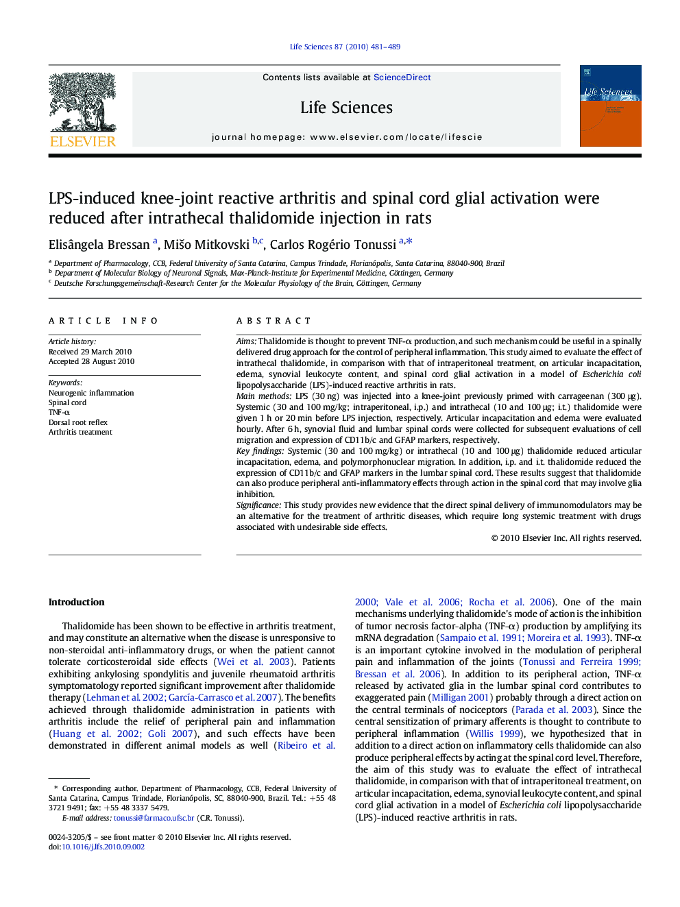 LPS-induced knee-joint reactive arthritis and spinal cord glial activation were reduced after intrathecal thalidomide injection in rats