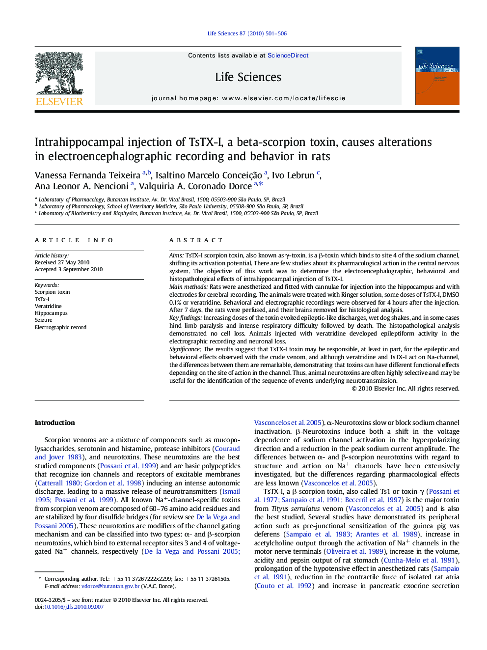 Intrahippocampal injection of TsTX-I, a beta-scorpion toxin, causes alterations in electroencephalographic recording and behavior in rats