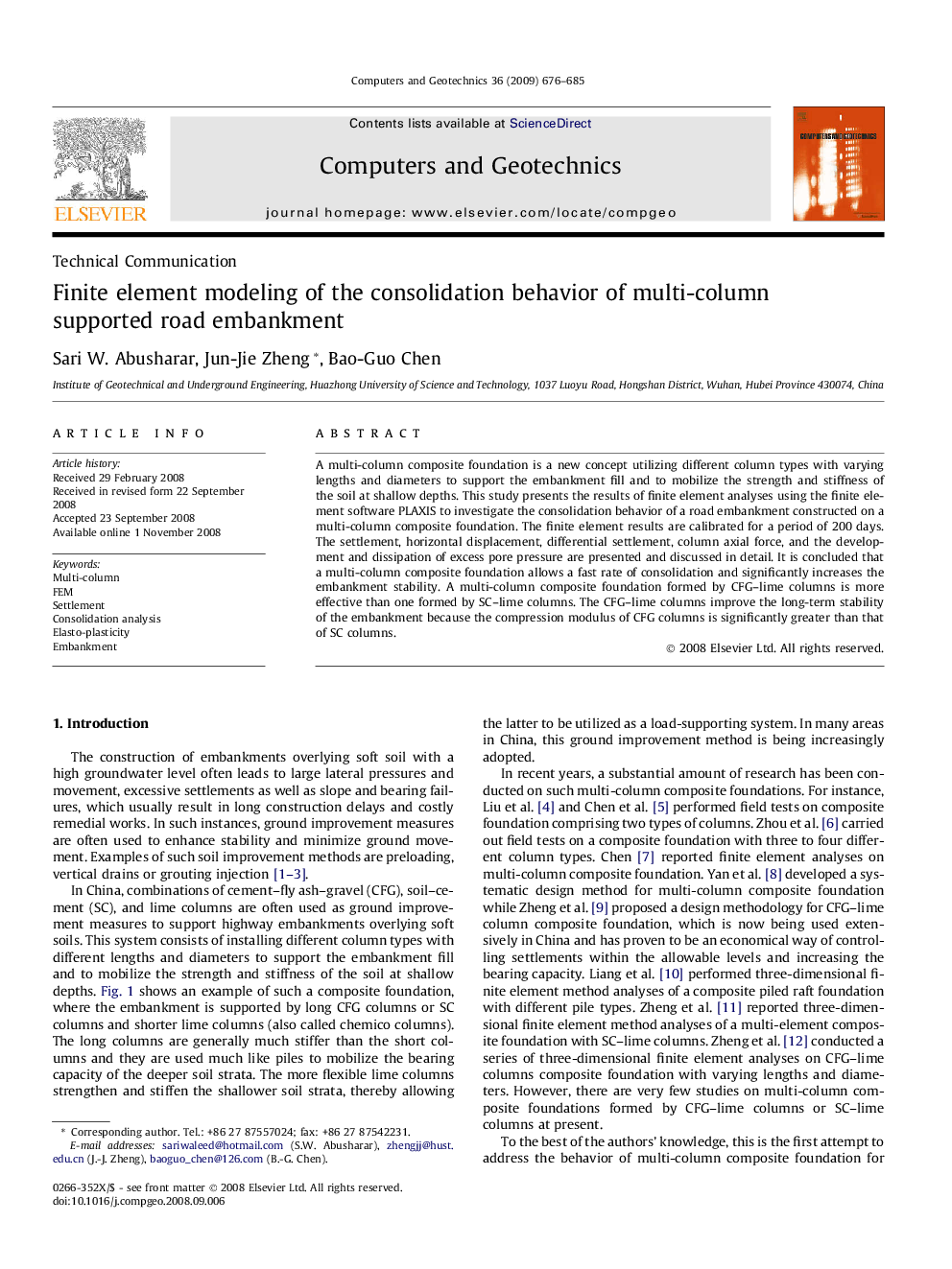 Finite element modeling of the consolidation behavior of multi-column supported road embankment