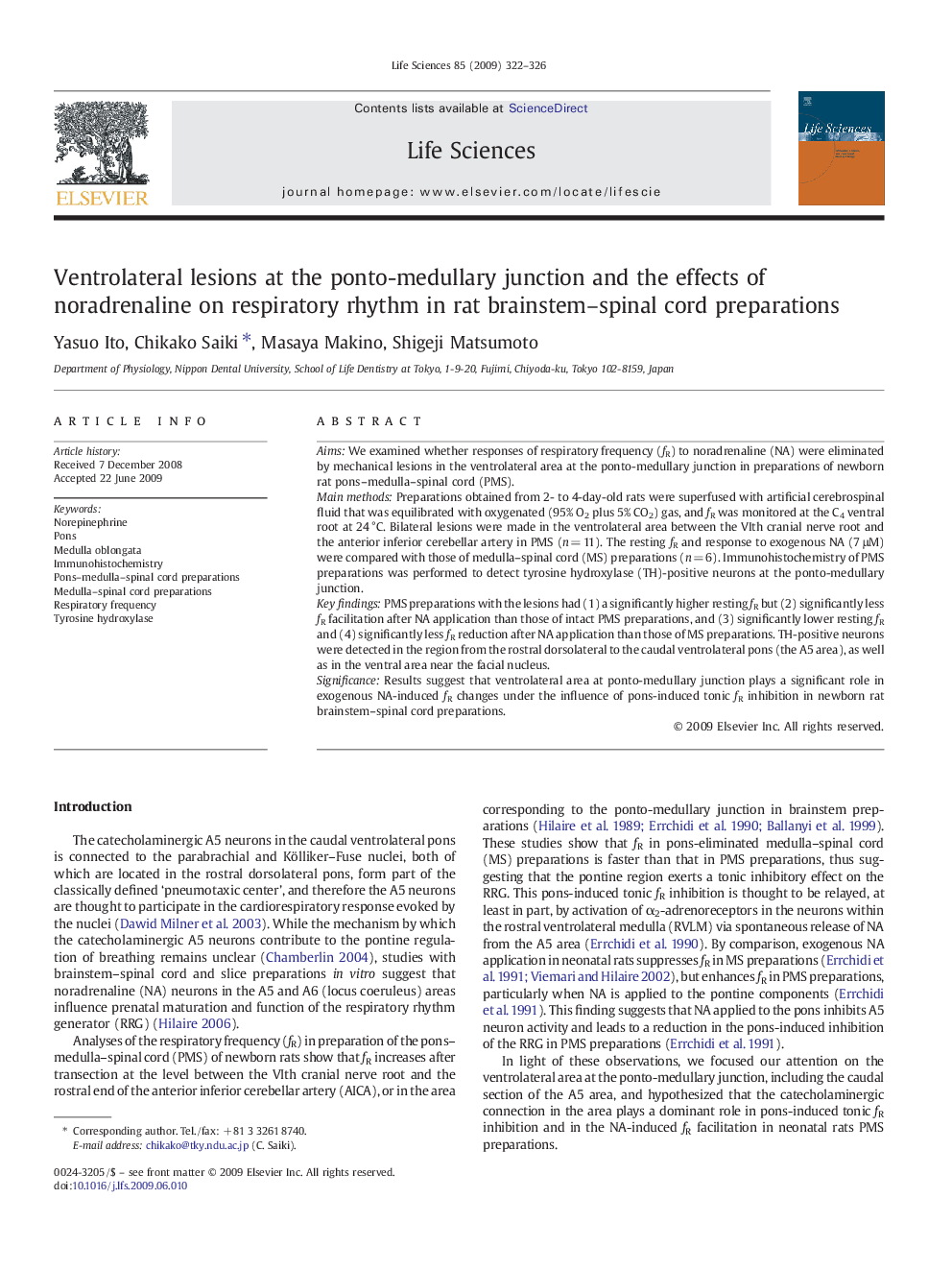 Ventrolateral lesions at the ponto-medullary junction and the effects of noradrenaline on respiratory rhythm in rat brainstem–spinal cord preparations