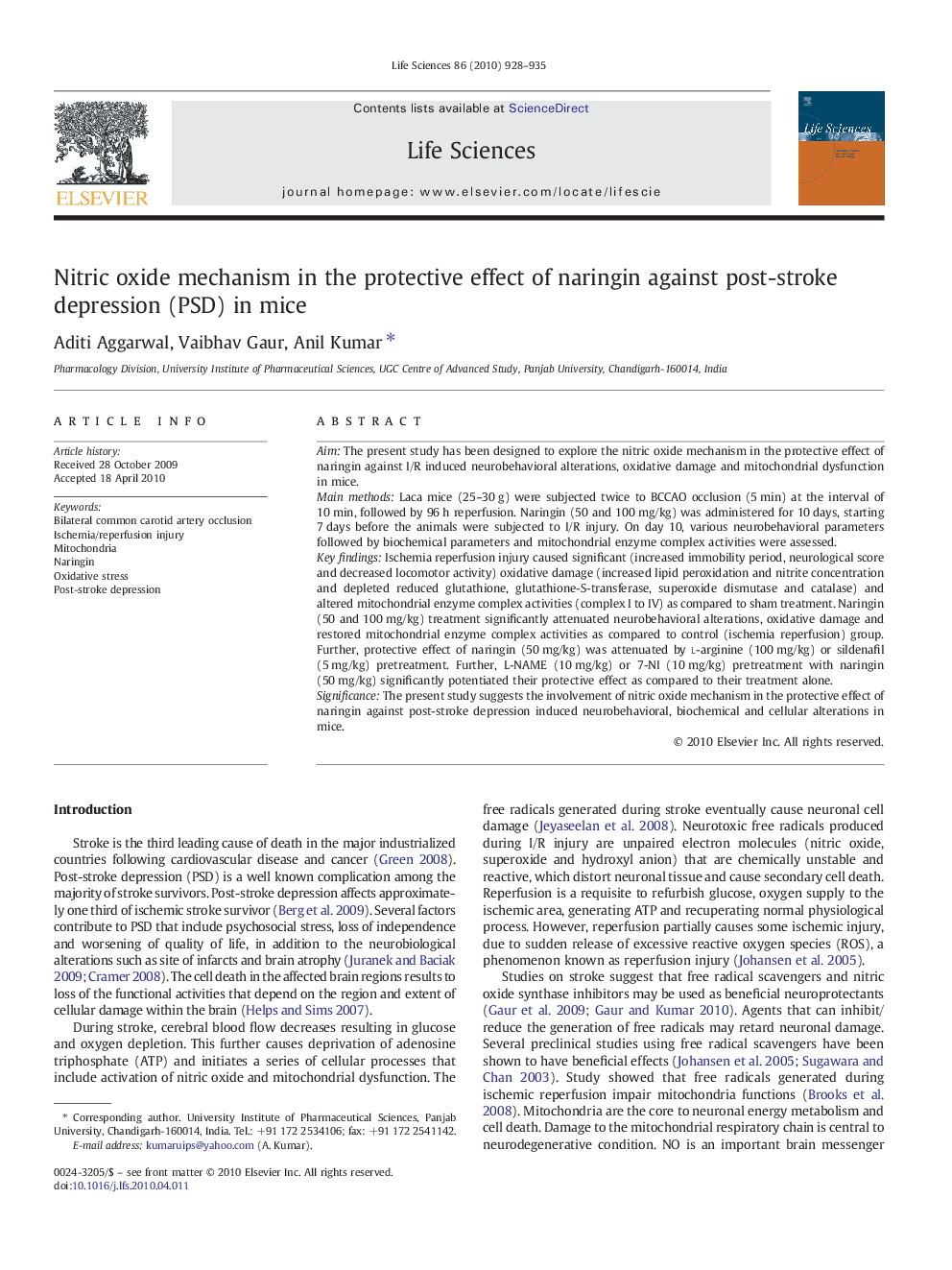 Nitric oxide mechanism in the protective effect of naringin against post-stroke depression (PSD) in mice