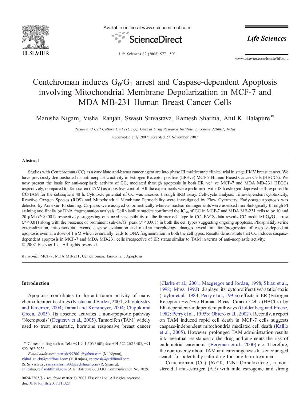 Centchroman induces G0/G1 arrest and Caspase-dependent Apoptosis involving Mitochondrial Membrane Depolarization in MCF-7 and MDA MB-231 Human Breast Cancer Cells