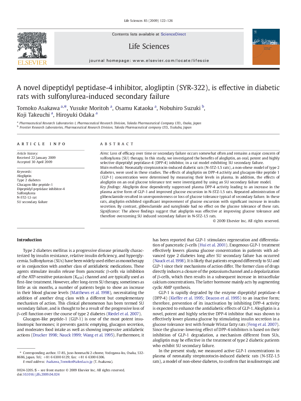 A novel dipeptidyl peptidase-4 inhibitor, alogliptin (SYR-322), is effective in diabetic rats with sulfonylurea-induced secondary failure