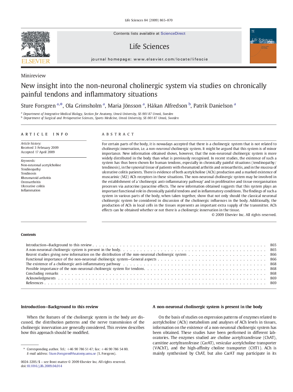 New insight into the non-neuronal cholinergic system via studies on chronically painful tendons and inflammatory situations