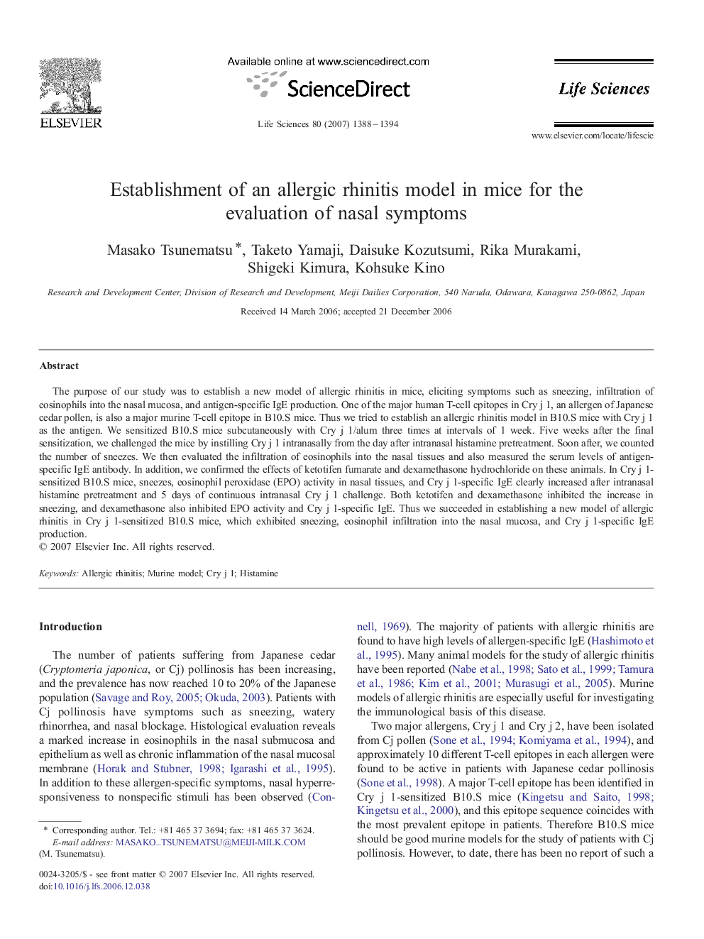 Establishment of an allergic rhinitis model in mice for the evaluation of nasal symptoms