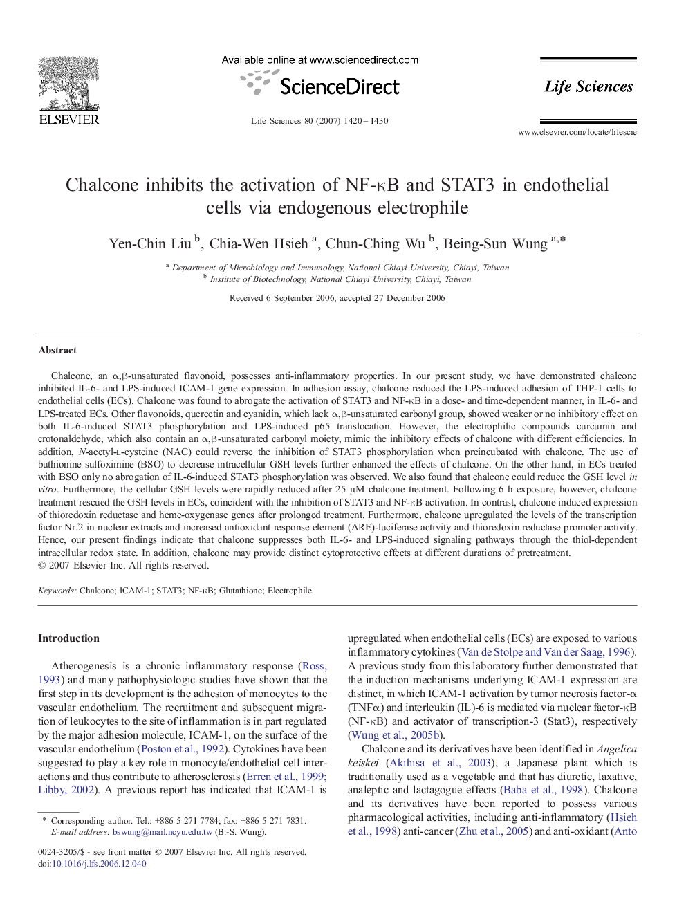 Chalcone inhibits the activation of NF-κB and STAT3 in endothelial cells via endogenous electrophile