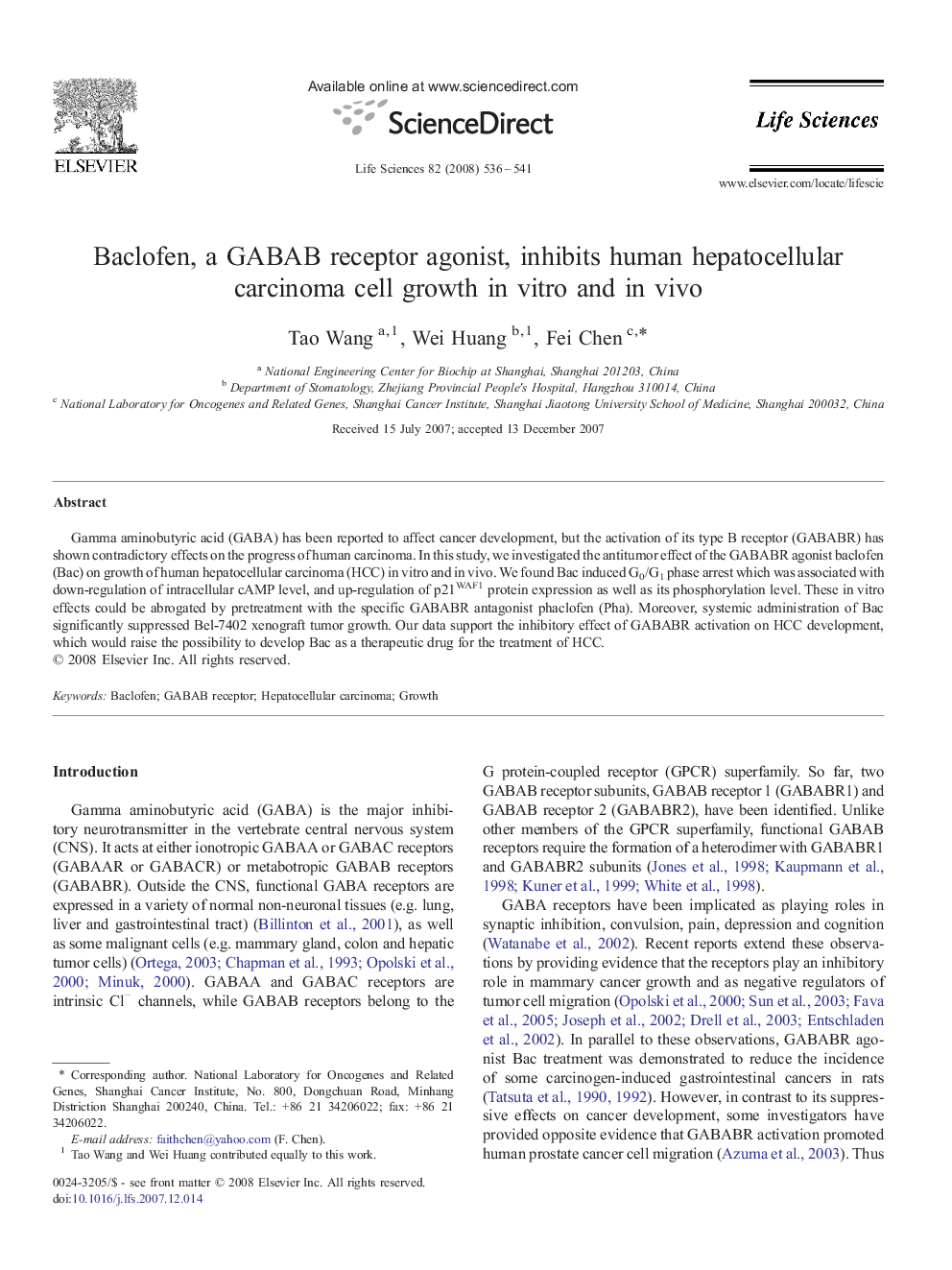 Baclofen, a GABAB receptor agonist, inhibits human hepatocellular carcinoma cell growth in vitro and in vivo