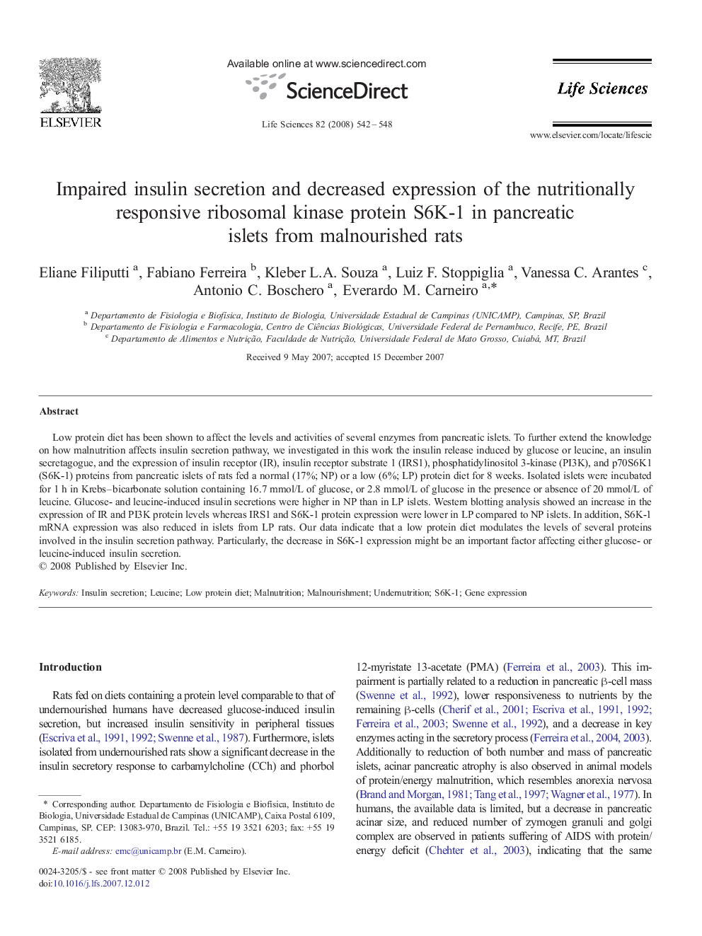 Impaired insulin secretion and decreased expression of the nutritionally responsive ribosomal kinase protein S6K-1 in pancreatic islets from malnourished rats