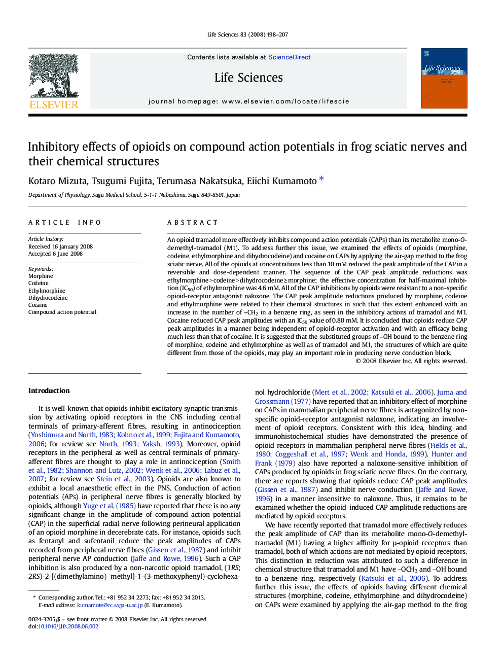 Inhibitory effects of opioids on compound action potentials in frog sciatic nerves and their chemical structures