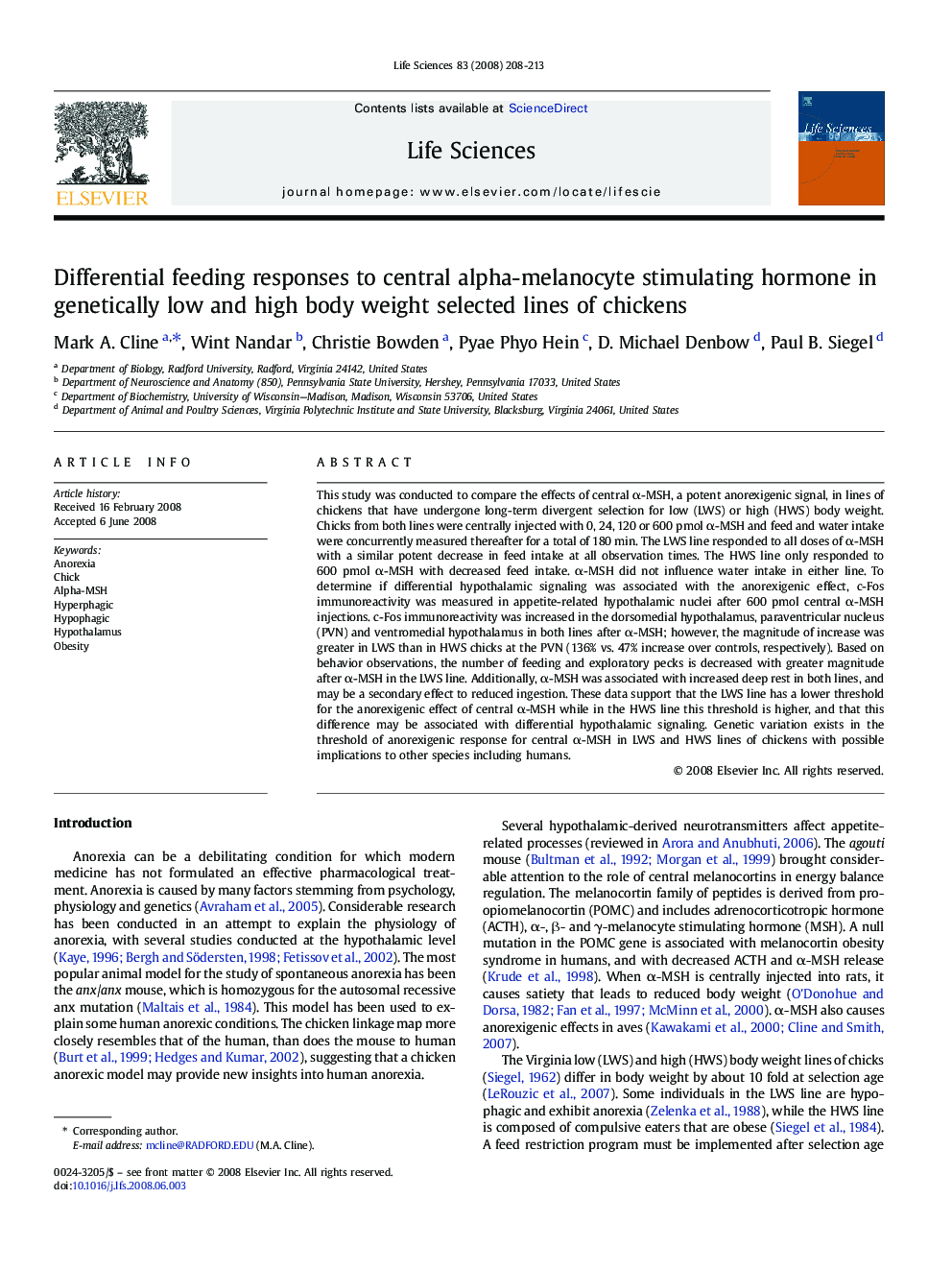 Differential feeding responses to central alpha-melanocyte stimulating hormone in genetically low and high body weight selected lines of chickens