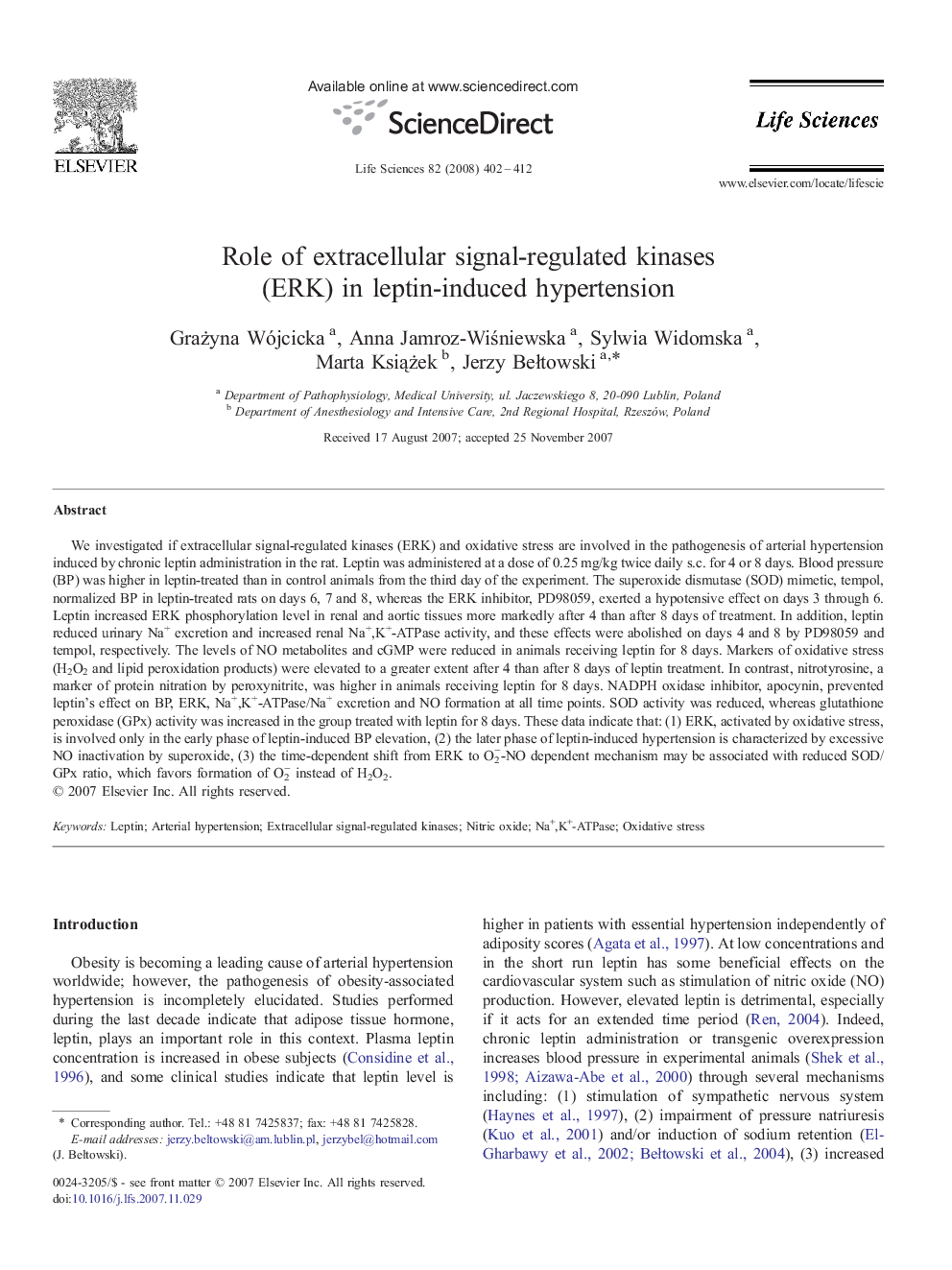 Role of extracellular signal-regulated kinases (ERK) in leptin-induced hypertension