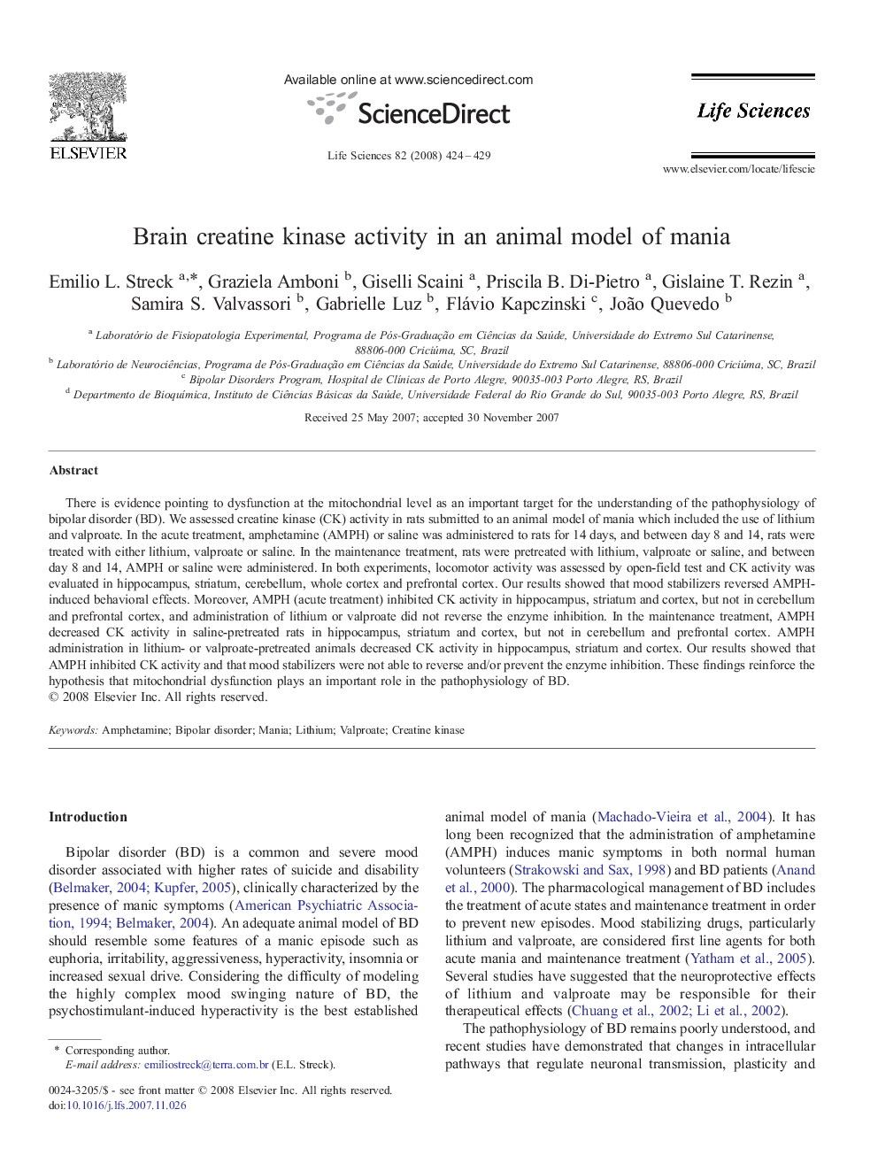 Brain creatine kinase activity in an animal model of mania