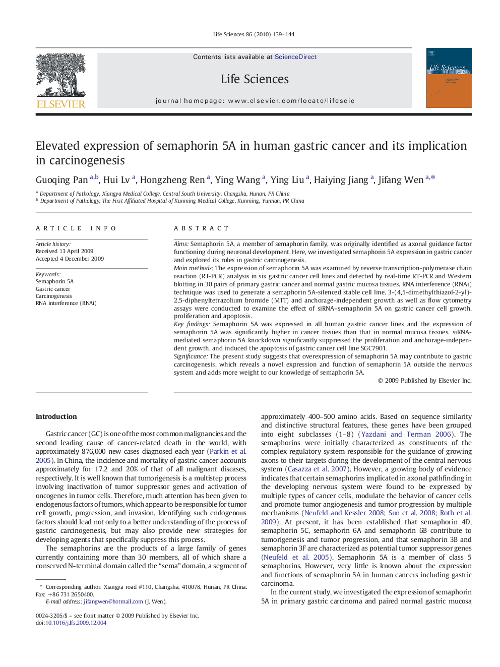 Elevated expression of semaphorin 5A in human gastric cancer and its implication in carcinogenesis