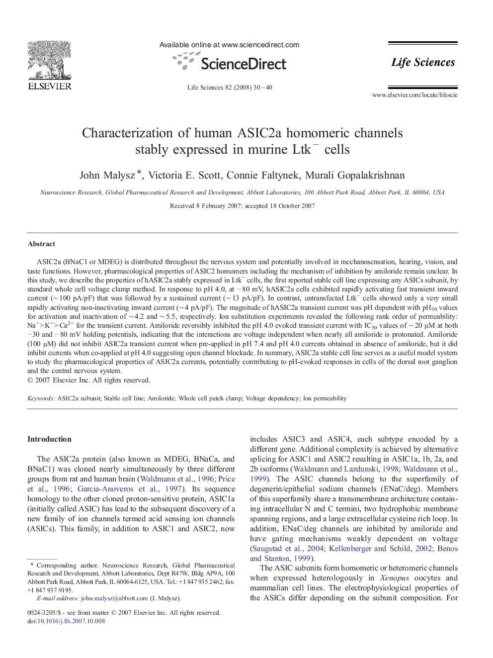 Characterization of human ASIC2a homomeric channels stably expressed in murine Ltk− cells