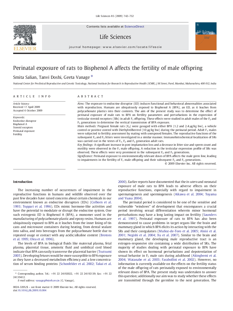 Perinatal exposure of rats to Bisphenol A affects the fertility of male offspring